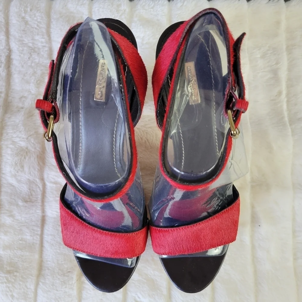REPORT SIGNATURE // red calf hair upper wooden platform ankle strap block heels